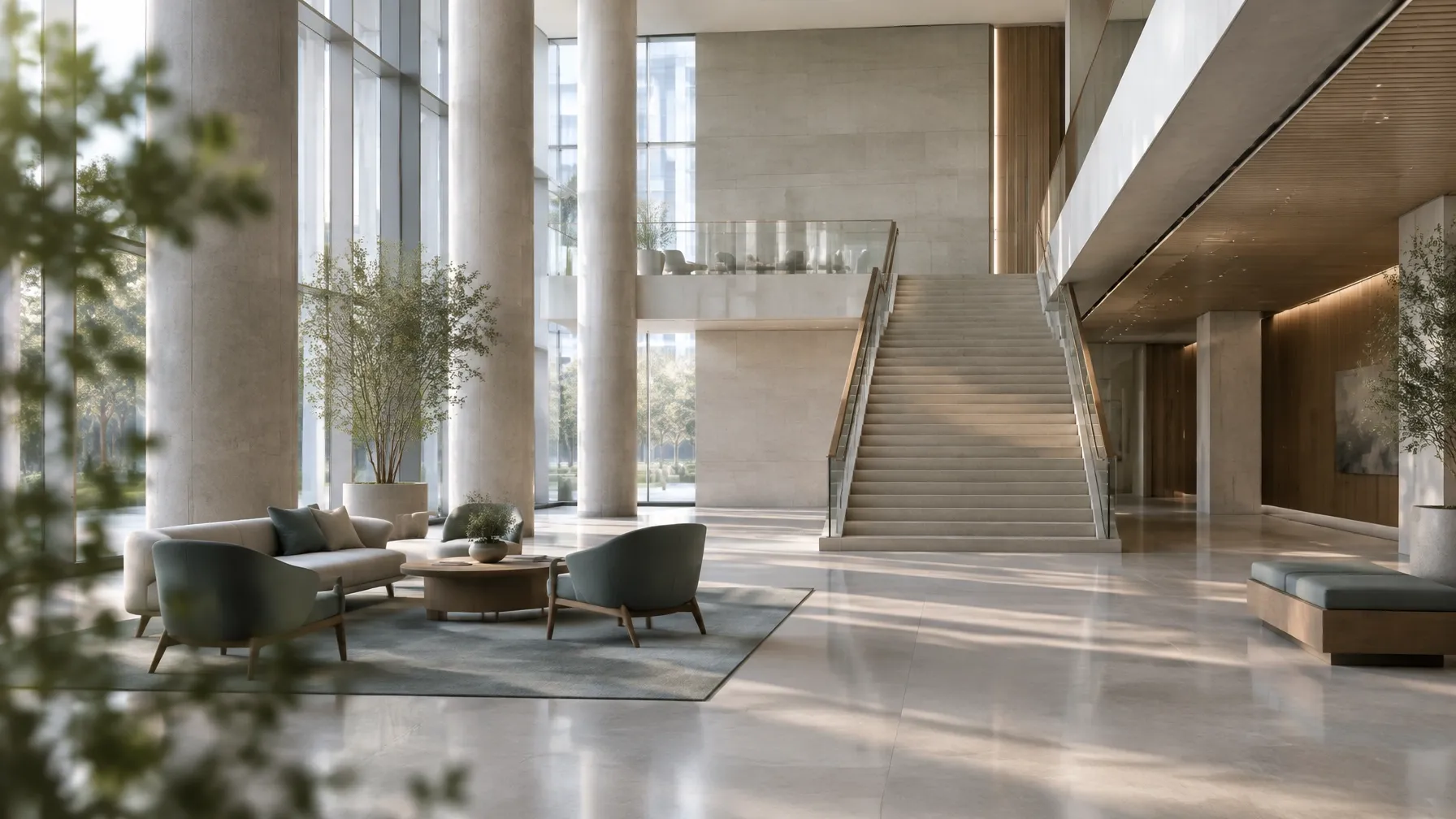 A modern institutional atrium with stone columns, a broad staircase and natural light.