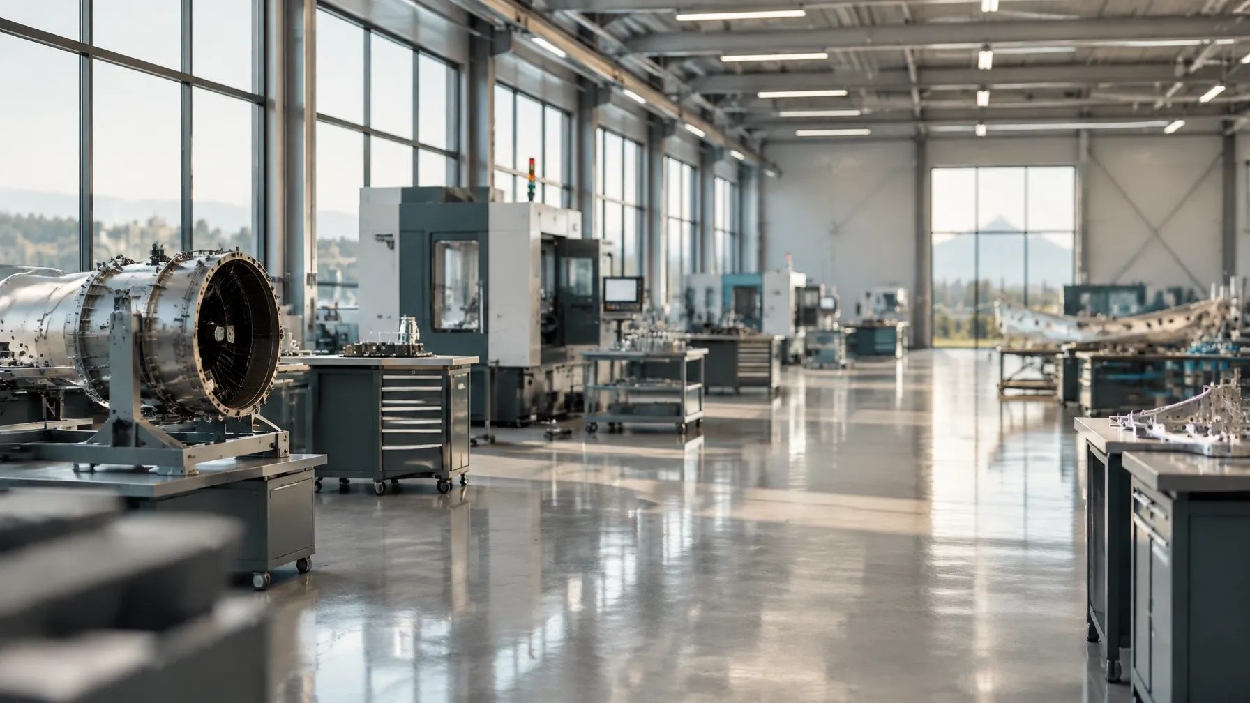 A clean aerospace manufacturing facility with precision equipment and natural light.