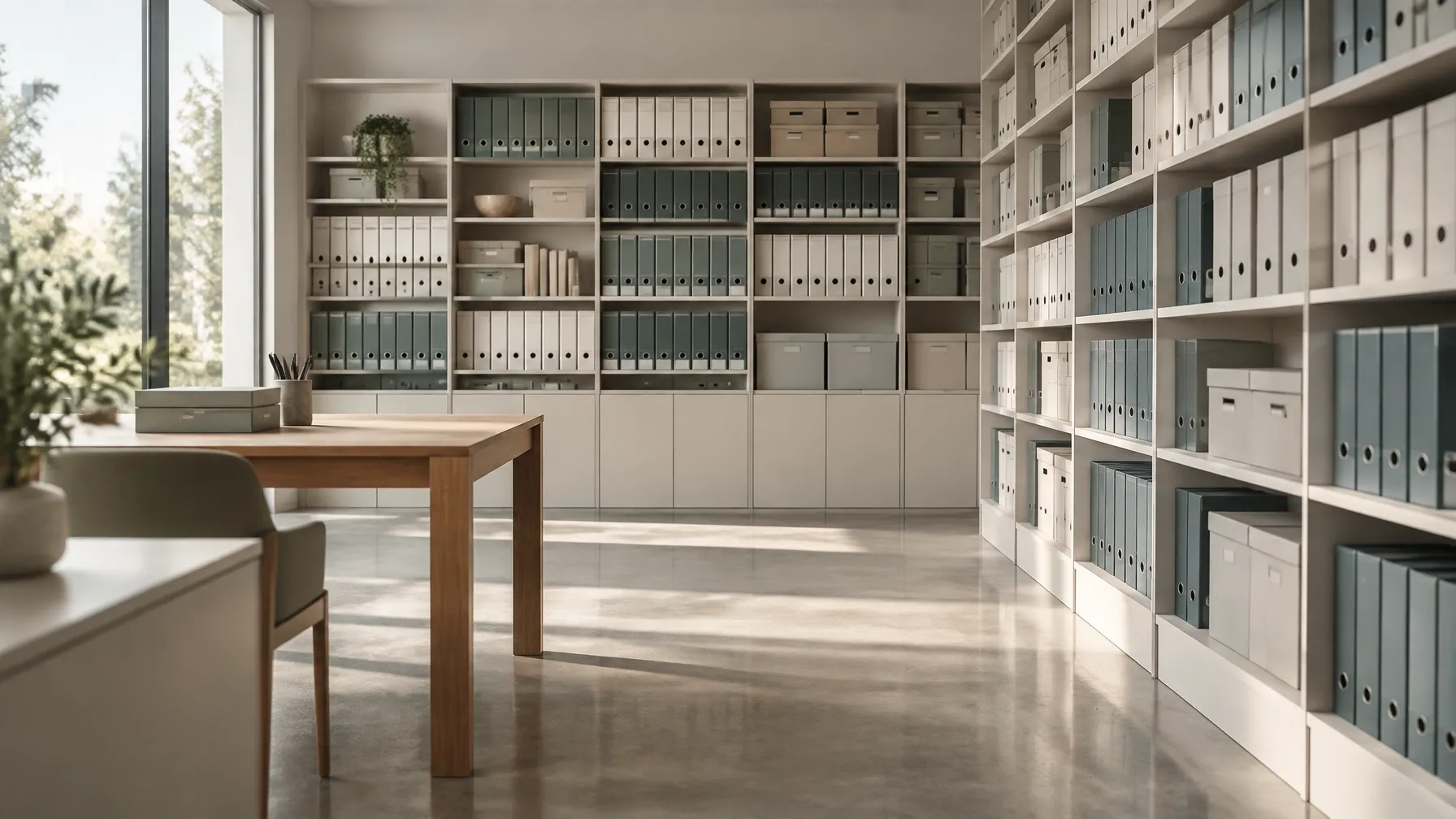An orderly records room with neatly arranged binders and storage boxes.