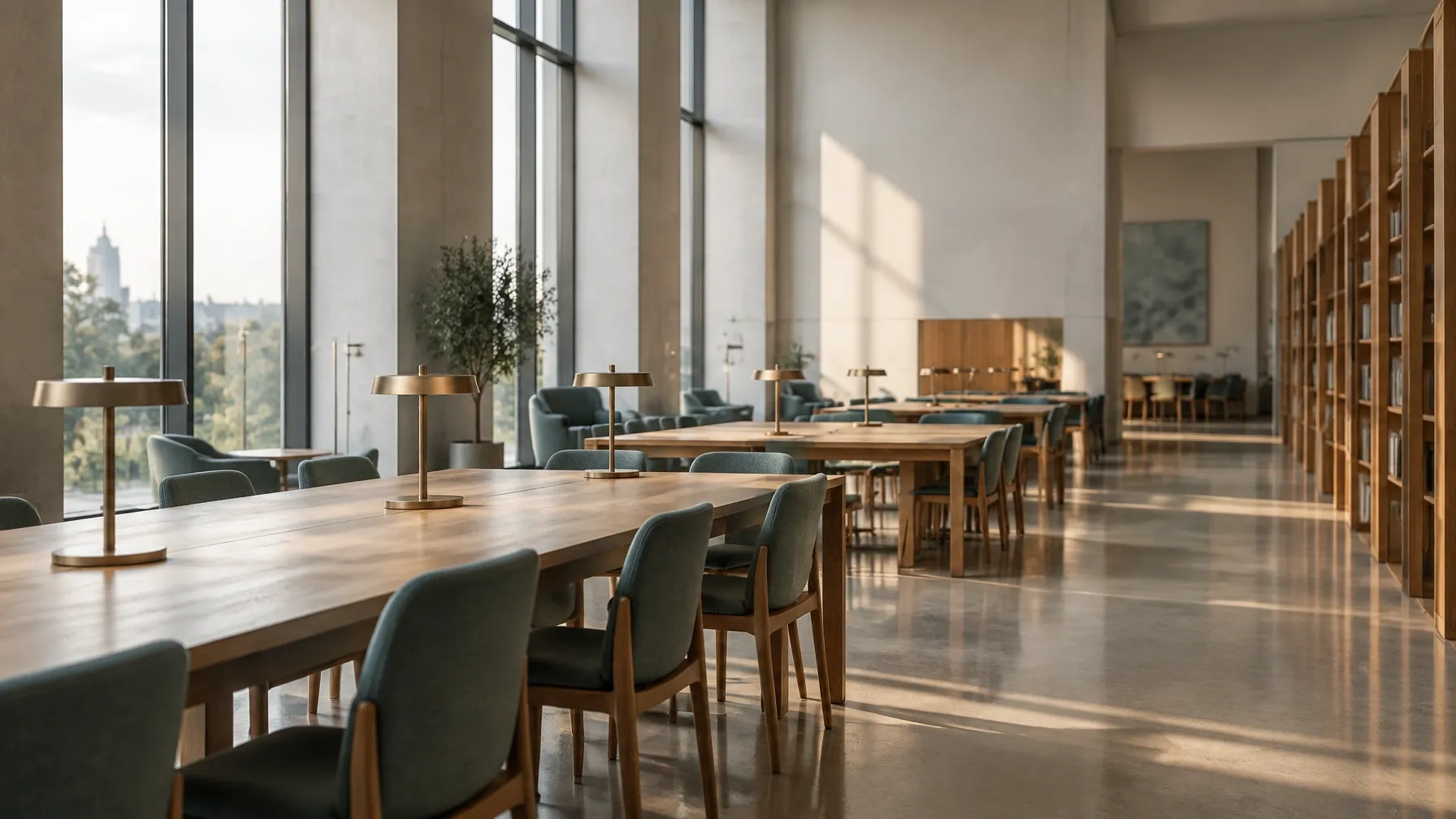 A quiet corporate research library with long tables, warm wood and natural light.