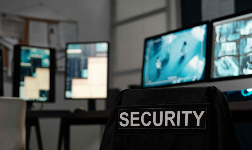 Black uniform with word security hanging on empty chair standing by workplace of officer with several computer monitors